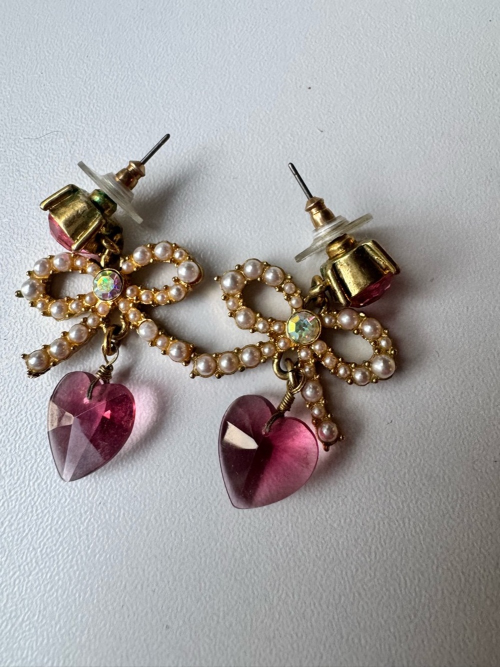 Betsey Johnson Gold Bow Earrings With Pink Heart Drops